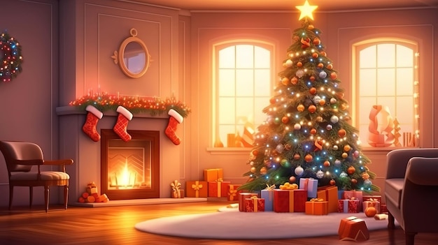 Árbol de Navidad con adornos rojos y regalos Generativo ai