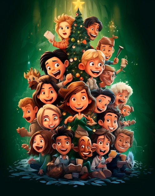 Foto Árbol de navidad al estilo de caricaturas con personajes.