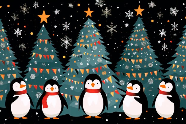 Árbol de Navidad de año nuevo y patrón de pingüino Fondo de pantalla AI generado