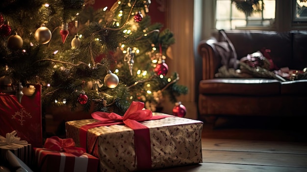 un árbol de Navidad con un arco rojo se sienta frente a una sala de estar.