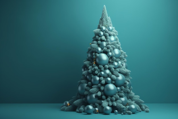 Un árbol de navidad azul con bolas plateadas encima.