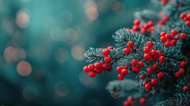 Un árbol de Navidad con bayas rojas de cerca