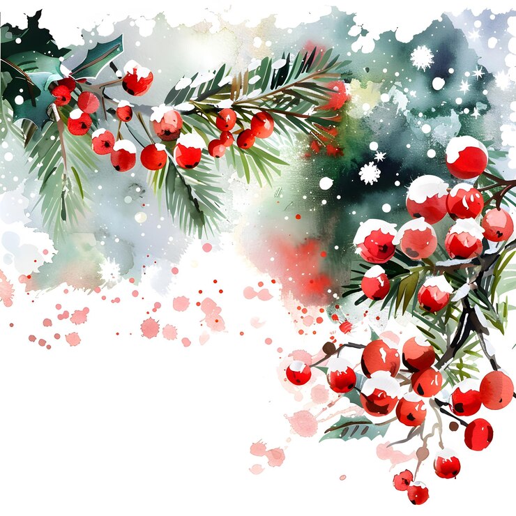 un árbol de Navidad con bayas rojas y nieve en él