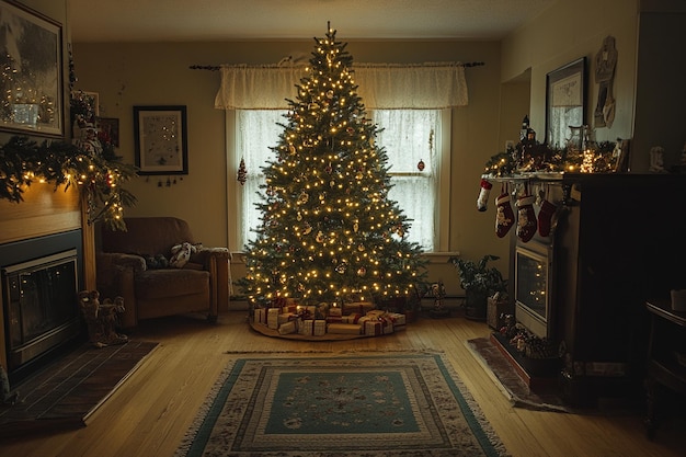 Un árbol de Navidad bellamente decorado en una acogedora sala de estar con luces cálidas y adornos