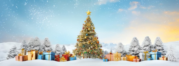 Foto un árbol de navidad bellamente decorado rodeado de regalos en un paraíso invernal nevado