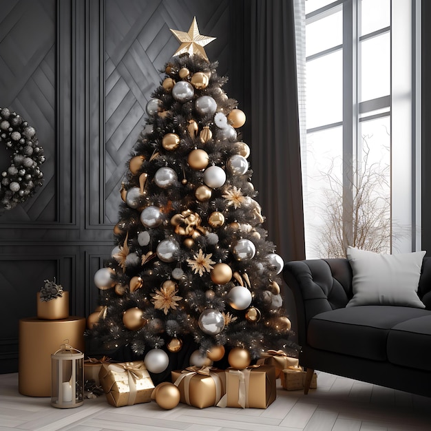 Un árbol de Navidad bellamente decorado en una sala de estar moderna, las bolas del árbol son de oro negro.