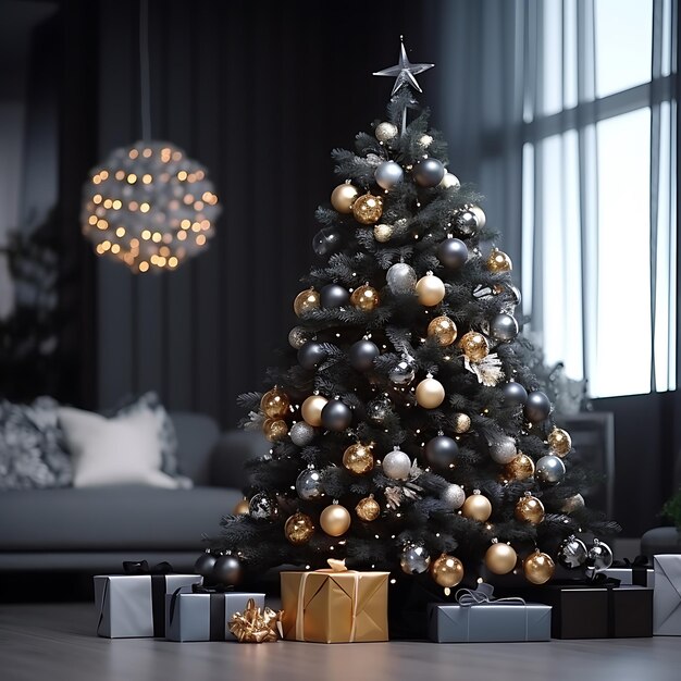 Un árbol de Navidad bellamente decorado en una sala de estar moderna, las bolas del árbol son de oro negro.