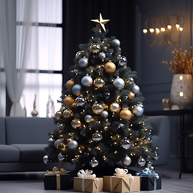 Un árbol de Navidad bellamente decorado en una sala de estar moderna, las bolas del árbol son de oro negro.