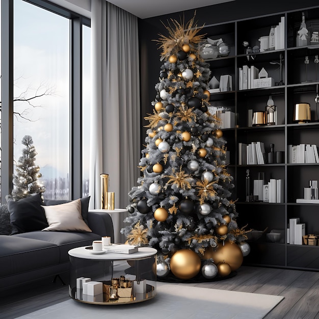 Un árbol de Navidad bellamente decorado en una sala de estar moderna, las bolas del árbol son de oro negro.