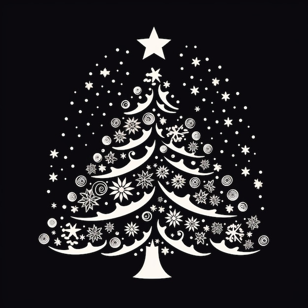 un árbol de Navidad blanco con copos de nieve y estrellas en un fondo negro