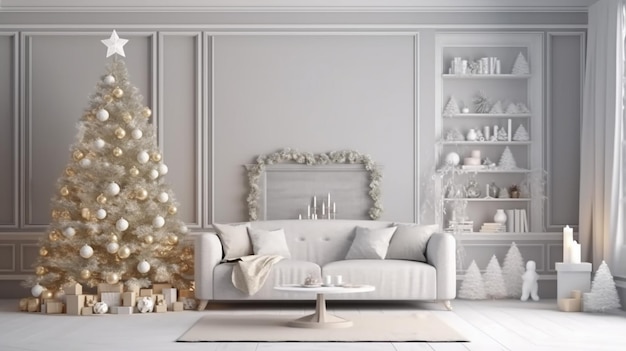 Un árbol de navidad blanco está decorado con bolas blancas y un árbol de navidad blanco.