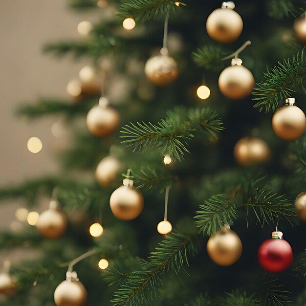 Foto un árbol de navidad con una bola roja y adornos de oro