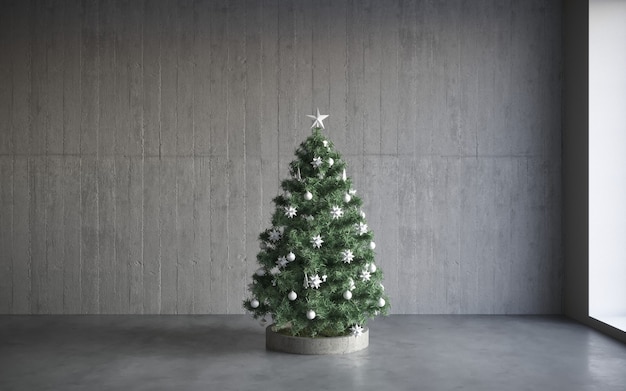 árbol de navidad con bolas de colores de fondo de pared gris con mucho espacio para copiar texto
