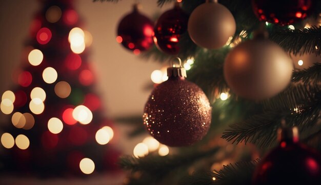 Foto Árbol de navidad con bolas de decoración y luces en un fondo desenfocado abstracto