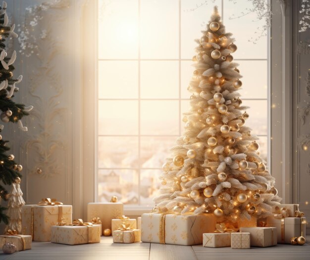 Árbol de Navidad con bolas doradas en el fondo de la ventana Cajas de regalos con un arco bajo Christm