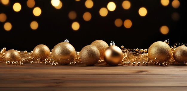 un árbol de Navidad y bolas de oro en una mesa de madera