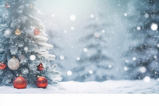 Un árbol de navidad con bolas rojas en la nieve.