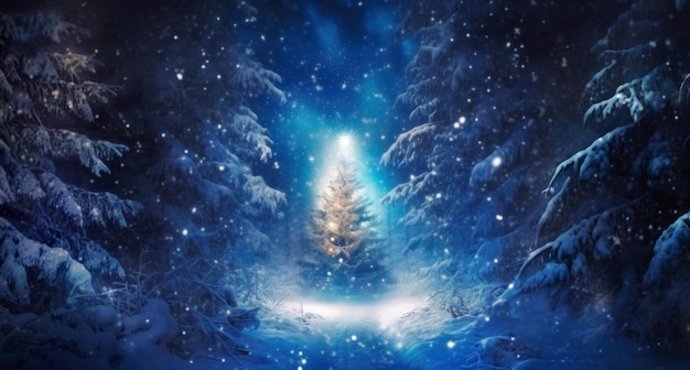 El árbol de Navidad brillando brillantemente en un claro en lo profundo del bosque de invierno nevado