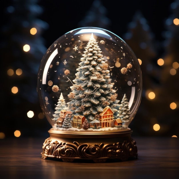 Un árbol de Navidad brillando dentro de una bola de nieve