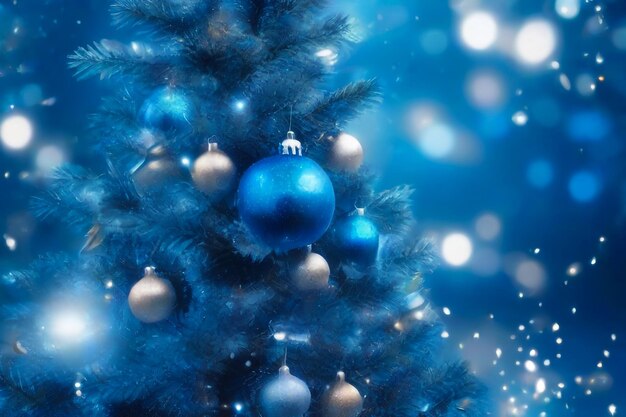 Un árbol de Navidad brillante y festivo con decoraciones azules y verdes brillantes