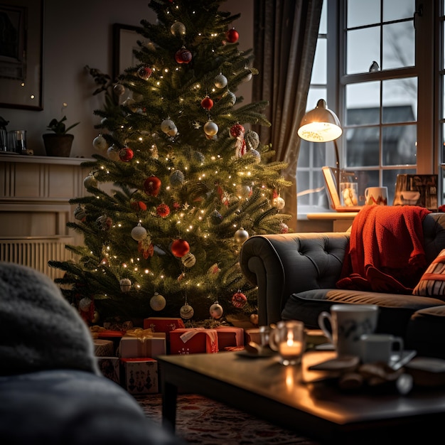 Foto Árbol de navidad brillante en la sala de estar