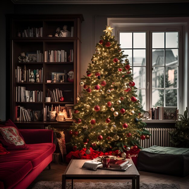 Foto Árbol de navidad brillante en la sala de estar