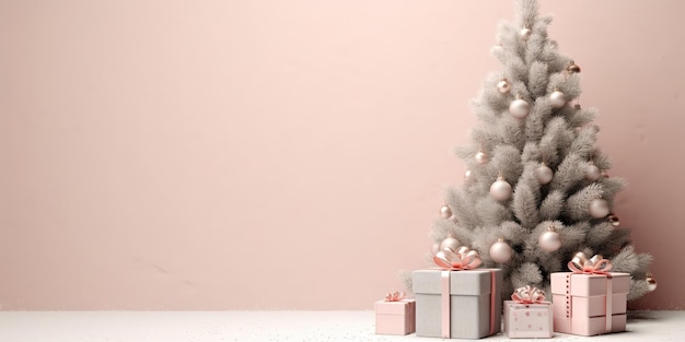 Árbol de navidad con caja de regalo en la esquina en un espacio de copia de fondo pastel