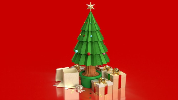 El árbol de Navidad y la caja de regalo sobre fondo rojo para la representación 3d del concepto de vacaciones