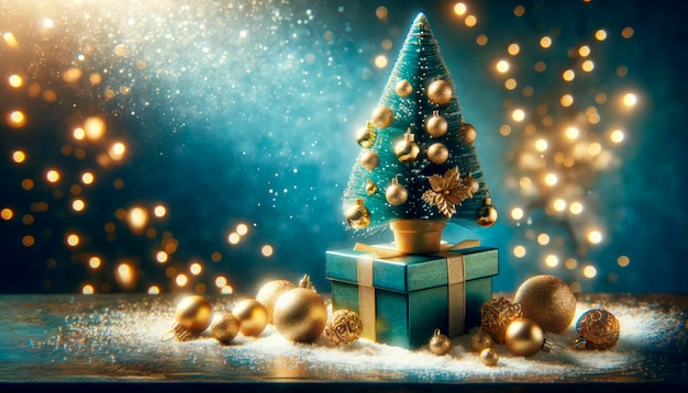 Árbol de Navidad y caja de regalos en la nieve con fondo bokeh IA generativa