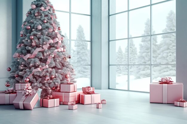 Árbol de Navidad y cajas de regalo rosas con lazos rosas en el interior IA generativa