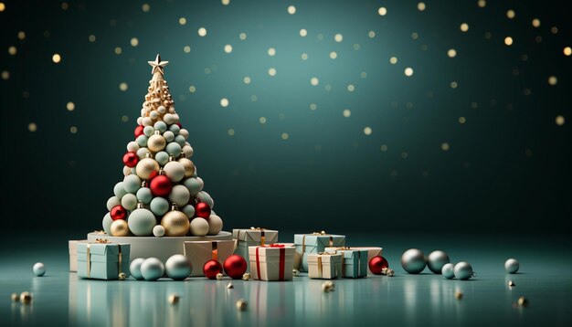 Foto Árbol de navidad con cajas de regalos y bolas de navidad renderización 3d