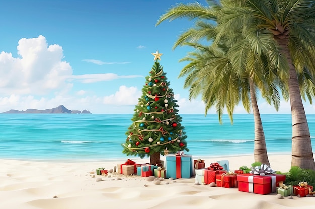Un árbol de Navidad con cajas de regalos en el océano con palmeras Un viaje turístico para Navidad