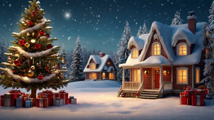 Árbol de Navidad y cajas de regalos en el patio por la noche en una atmósfera nevada