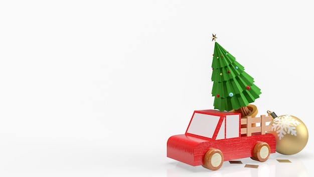 El árbol de Navidad en camión de madera sobre fondo blanco 3D rendering