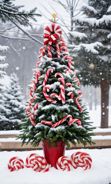 Un árbol de Navidad con cañas de caramelo en una olla roja