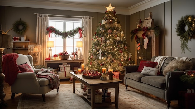 Un árbol de navidad con una canasta de regalos en la mesa