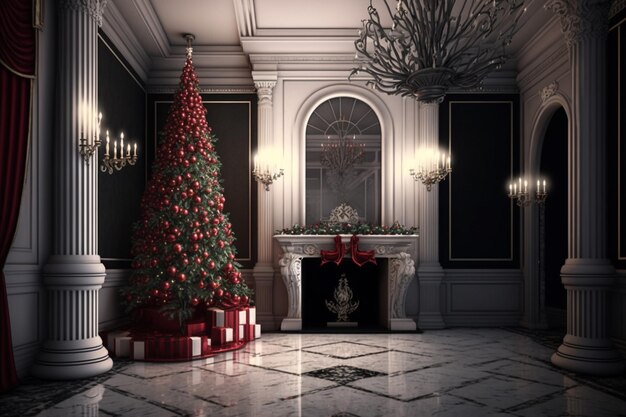 Un árbol de navidad en una casa con chimenea y una lámpara de araña.