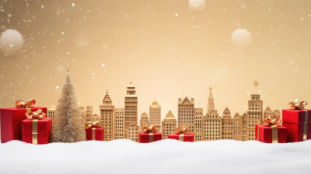 Foto Árbol de navidad casas de la ciudad caja de regalos bolas de oro nieve decoración de navidad bandera de año nuevo