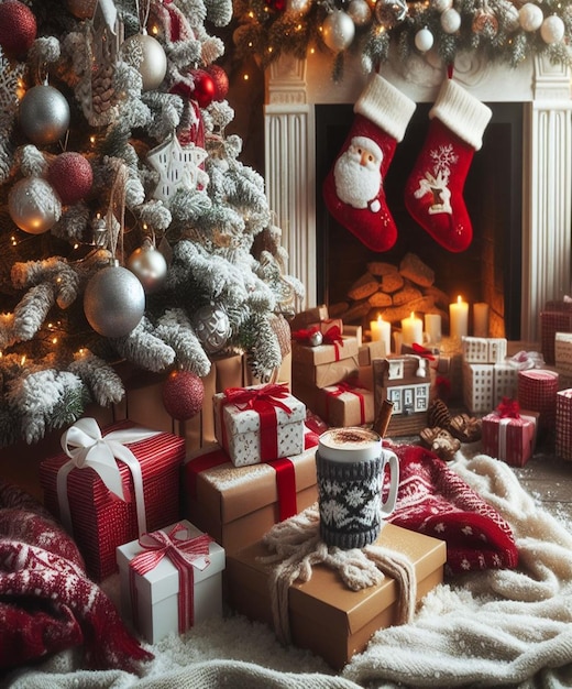 Foto un árbol de navidad con una chimenea y regalos debajo de ella