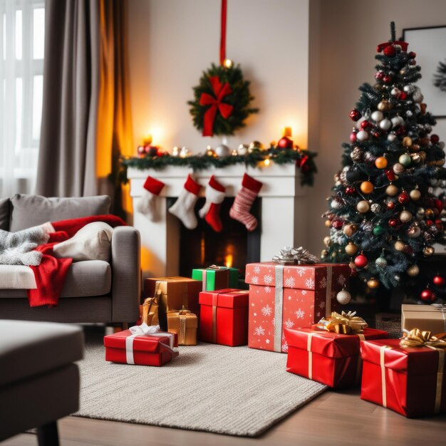 Foto Árbol de navidad con chimenea y regalos en un lujoso chalet con vistas a las montañas nevadas