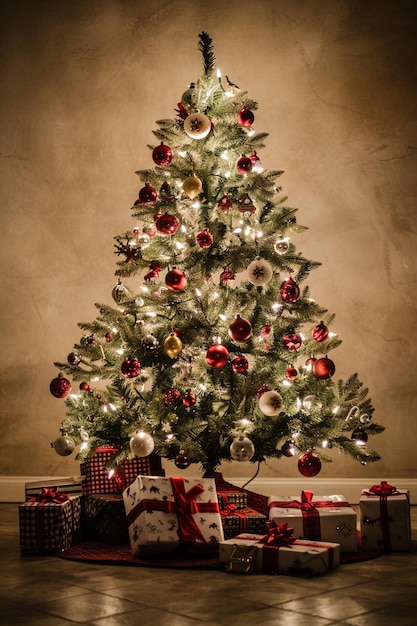 un árbol de Navidad con una cinta roja y un árbol de navidad blanco
