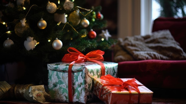 un árbol de navidad con una cinta roja