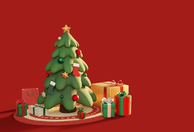 árbol de Navidad de color rojo y verde con cajas de regalos imagen 3D