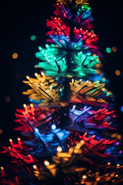 Foto Árbol de navidad colorido sobre fondo negro con efecto bokeh