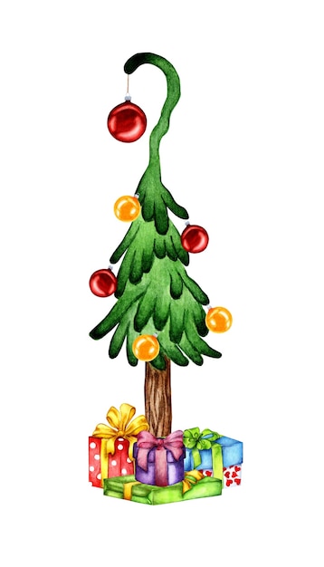 Árbol de Navidad cómico acuarela decorado ilustración