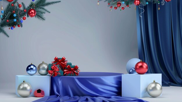 un árbol de Navidad con una cortina azul y una cinta azul