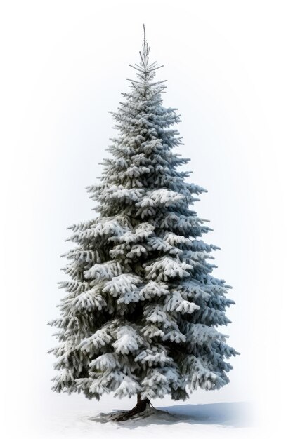 Un árbol de Navidad cubierto de nieve aislado sobre un fondo blanco.