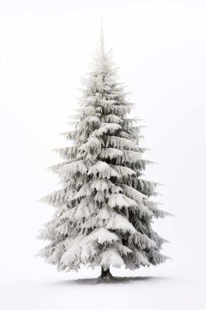 Un árbol de Navidad cubierto de nieve aislado sobre un fondo blanco.