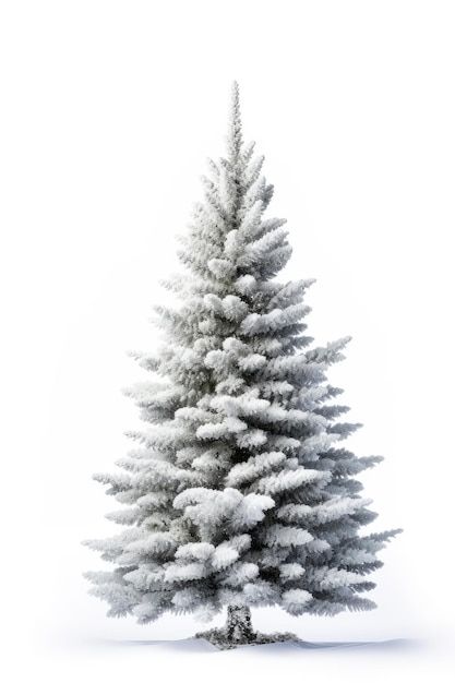 Un árbol de Navidad cubierto de nieve aislado sobre un fondo blanco.