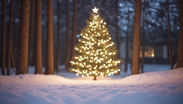 El árbol de Navidad cubierto de nieve contrasta con el telón de fondo azul oscuro
